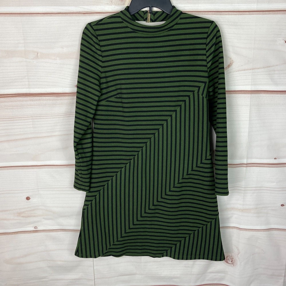 Hutch Dress Women PXS Green Black Stripe Shift Long Sleeve Keyhole Back Pullover